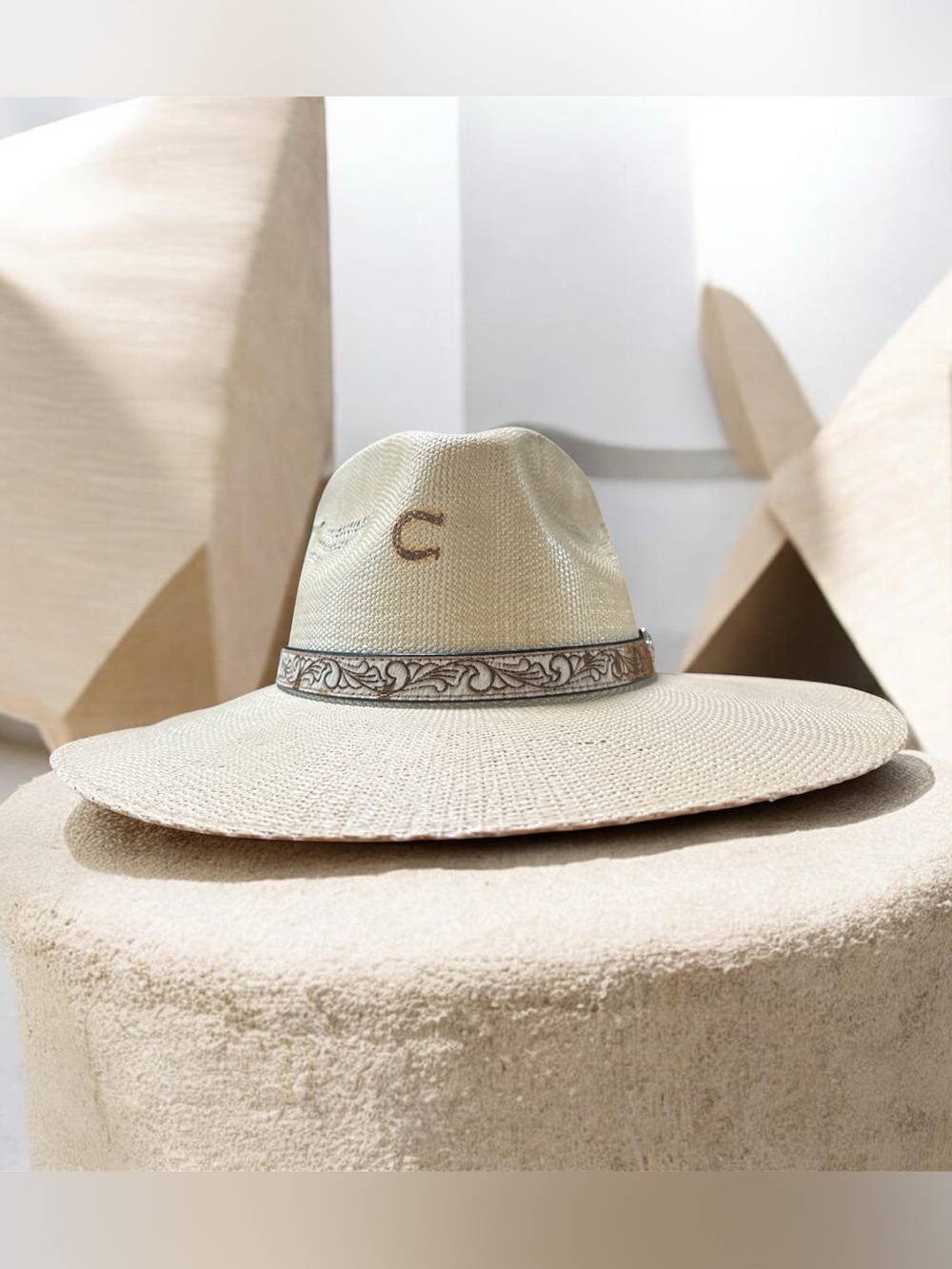 Wide Brim Straw Fedora Hat with Decorative Band